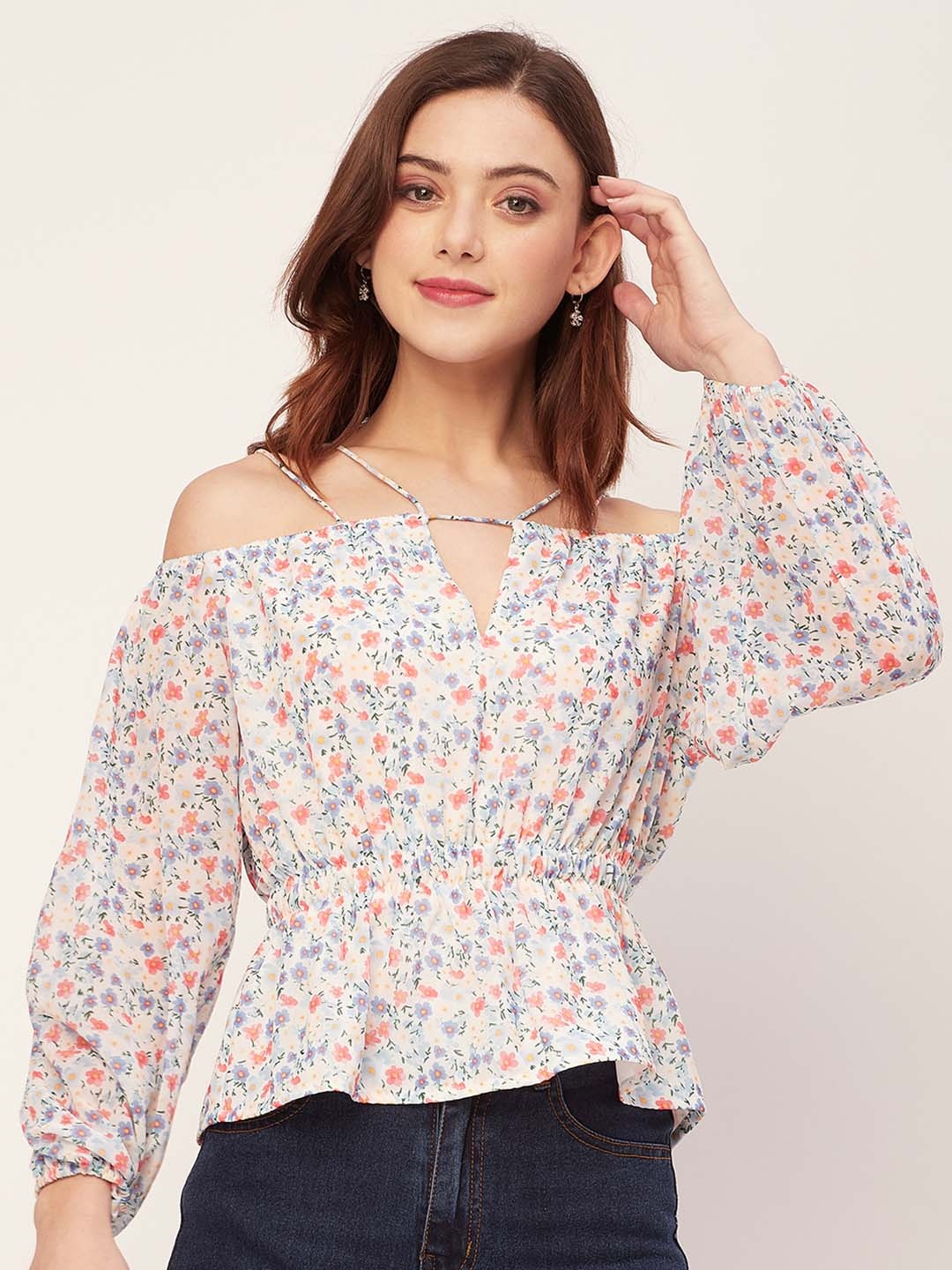 

Moomaya Floral Print Georgette Cinched Waist Top, White