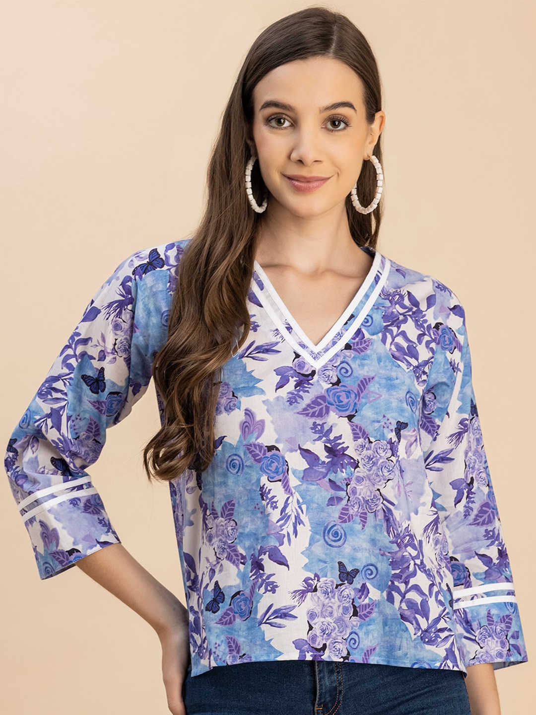 

Moomaya V Neck Floral Print Cotton Wrap Top, Blue