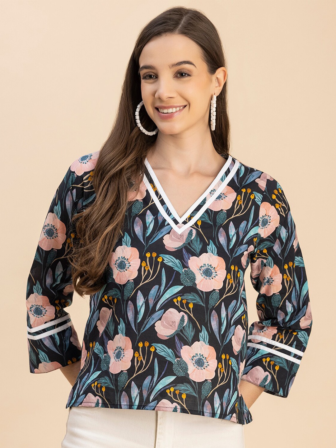 

Moomaya Floral Printed V Neck Casual Top, Black