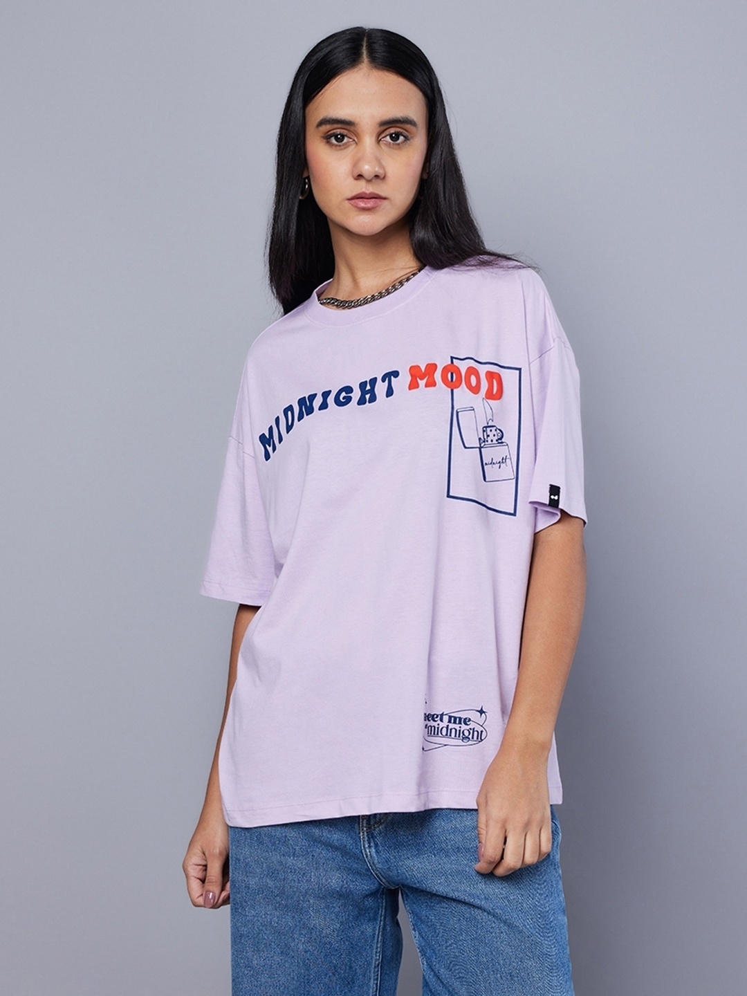 

Bewakoof Purple Typography Printed Round Neck Pure Cotton Oversized T-shirt