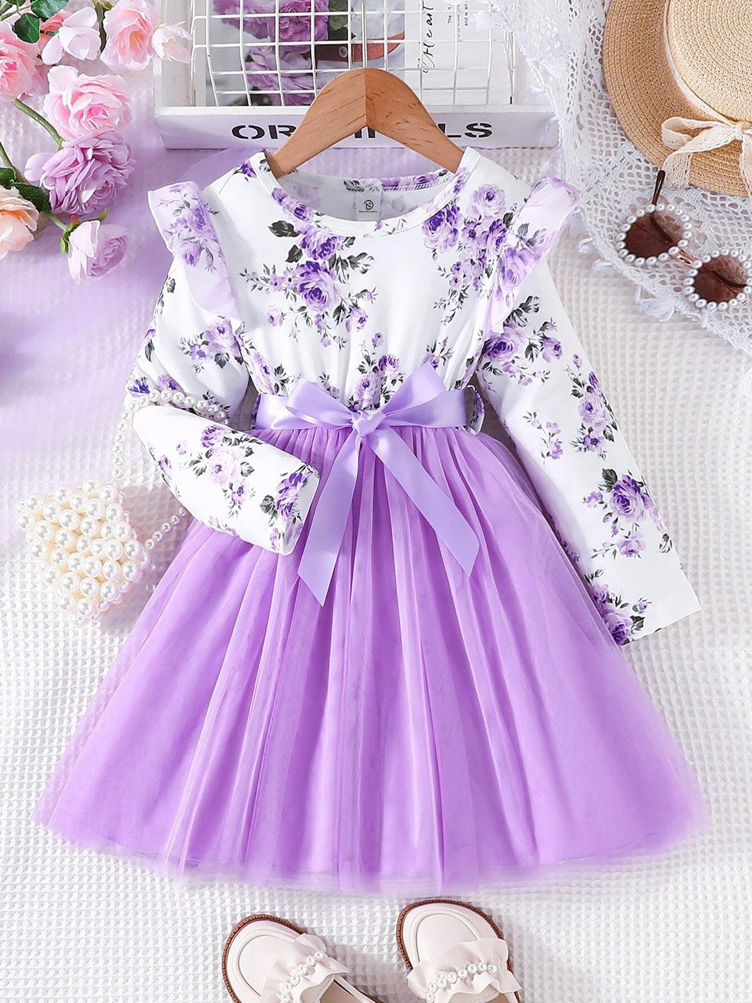 

BAESD Floral Printed Round Neck Sleeveless Ruffled Net Fit & Flare Dress, Purple