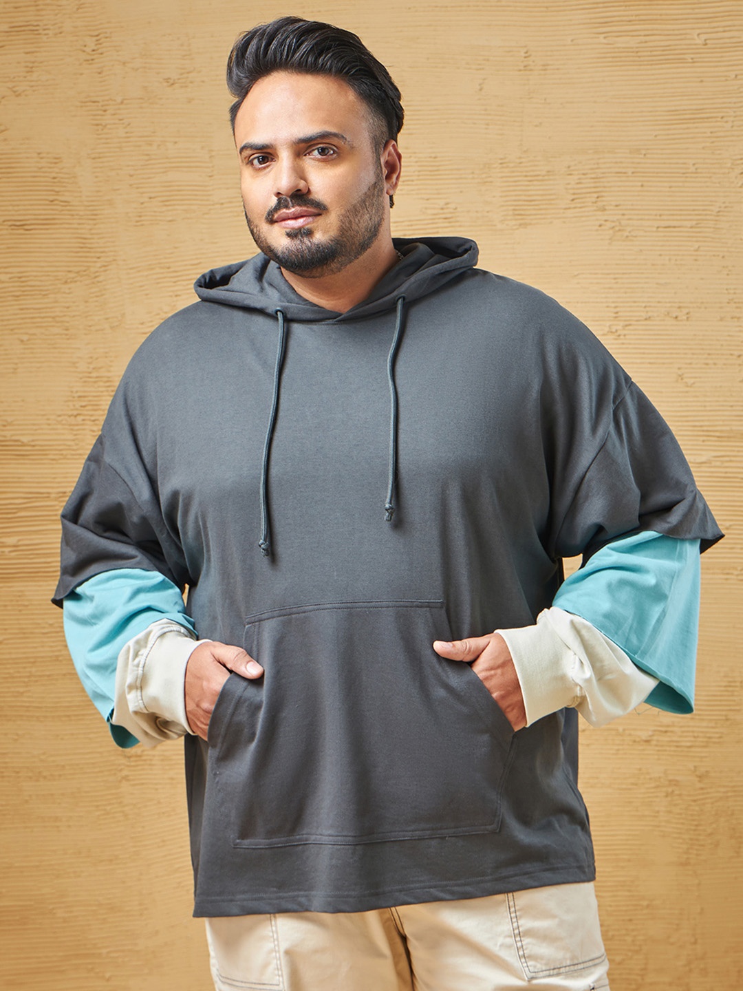 

Bewakoof Heavy Duty Plus Size Drop-Shoulder Sleeves Hooded Oversized Cotton T-shirt, Grey