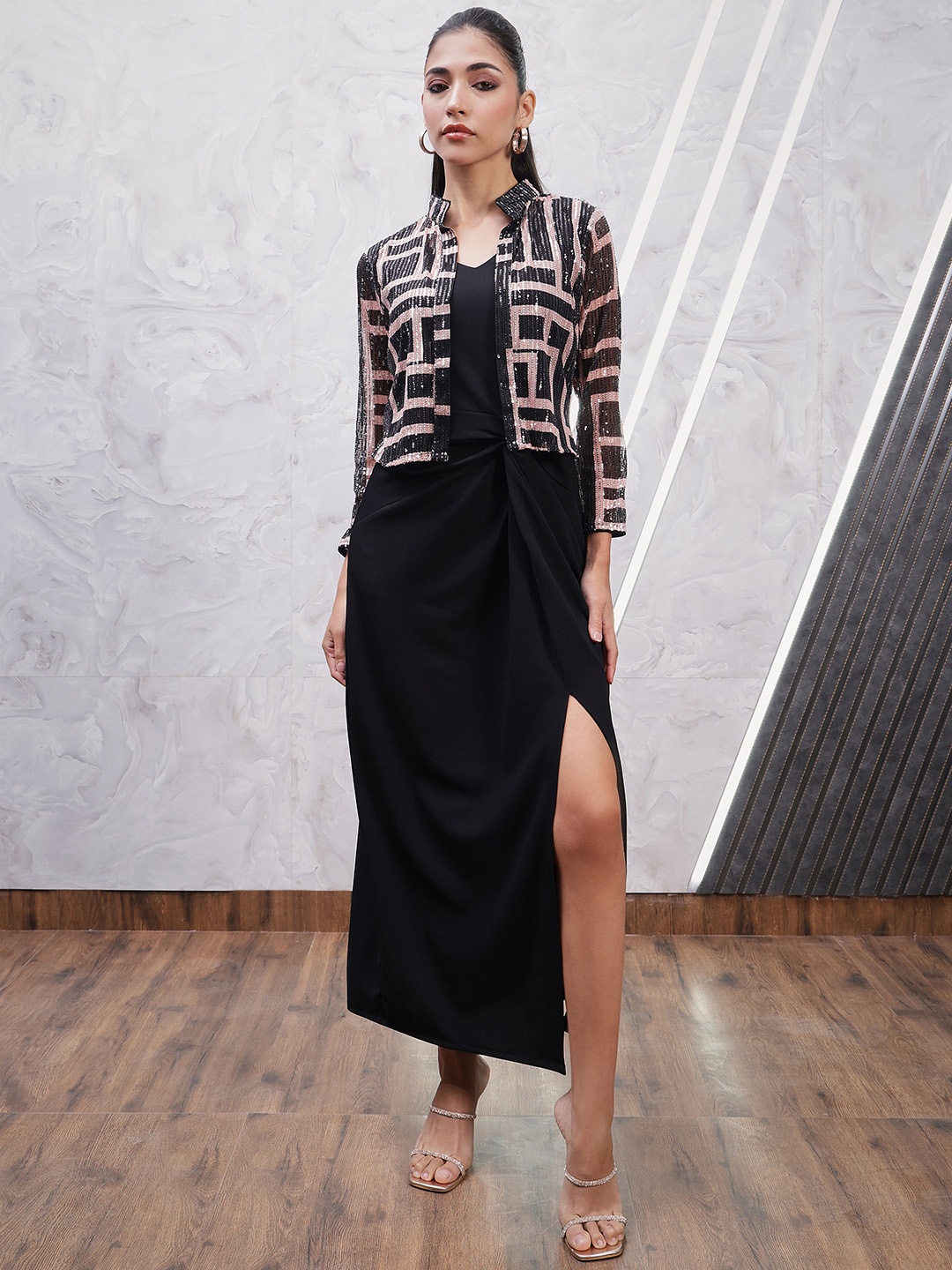 

Athena Geometric Printed Embellished V-Neck Sheath Dress With Jacket, Black