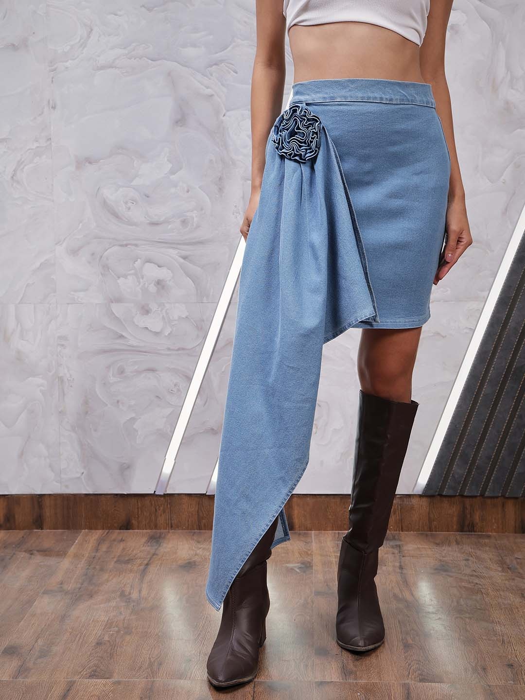 

Athena Women Denim Corsage Asymmetric Skirt, Blue