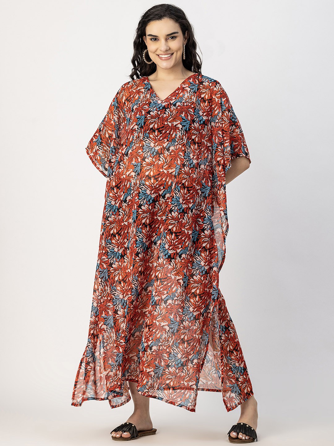 

Moomaya Floral Print Kimono Sleeve Georgette Kaftan Maxi Dress, Red