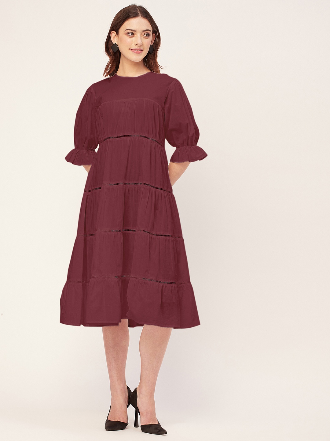 

Moomaya Round Neck Short Sleeves Knee Length Tiered Dress, Burgundy