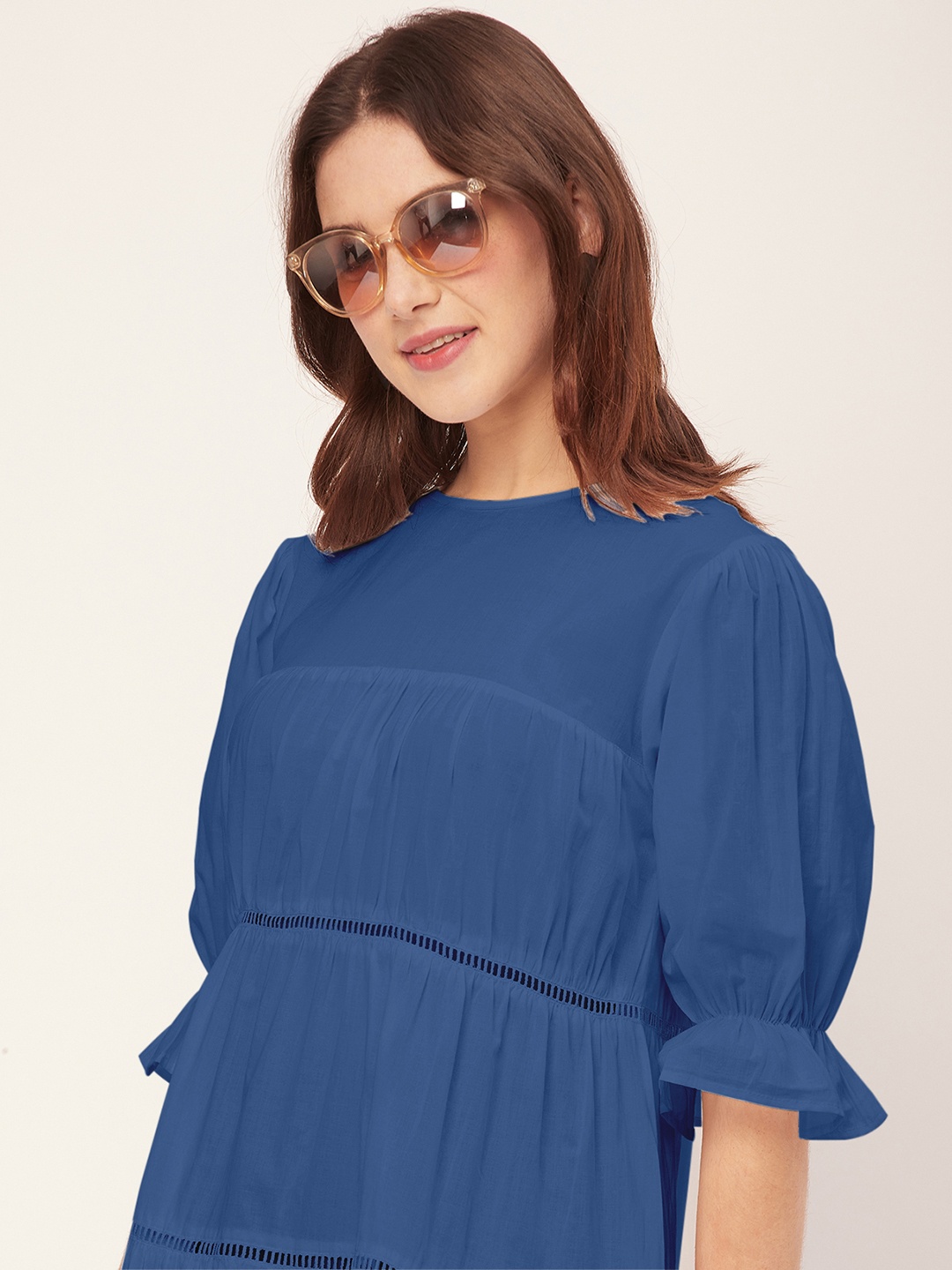 

Moomaya Round Neck Bell Sleeve A-Line Tiered Dress, Blue