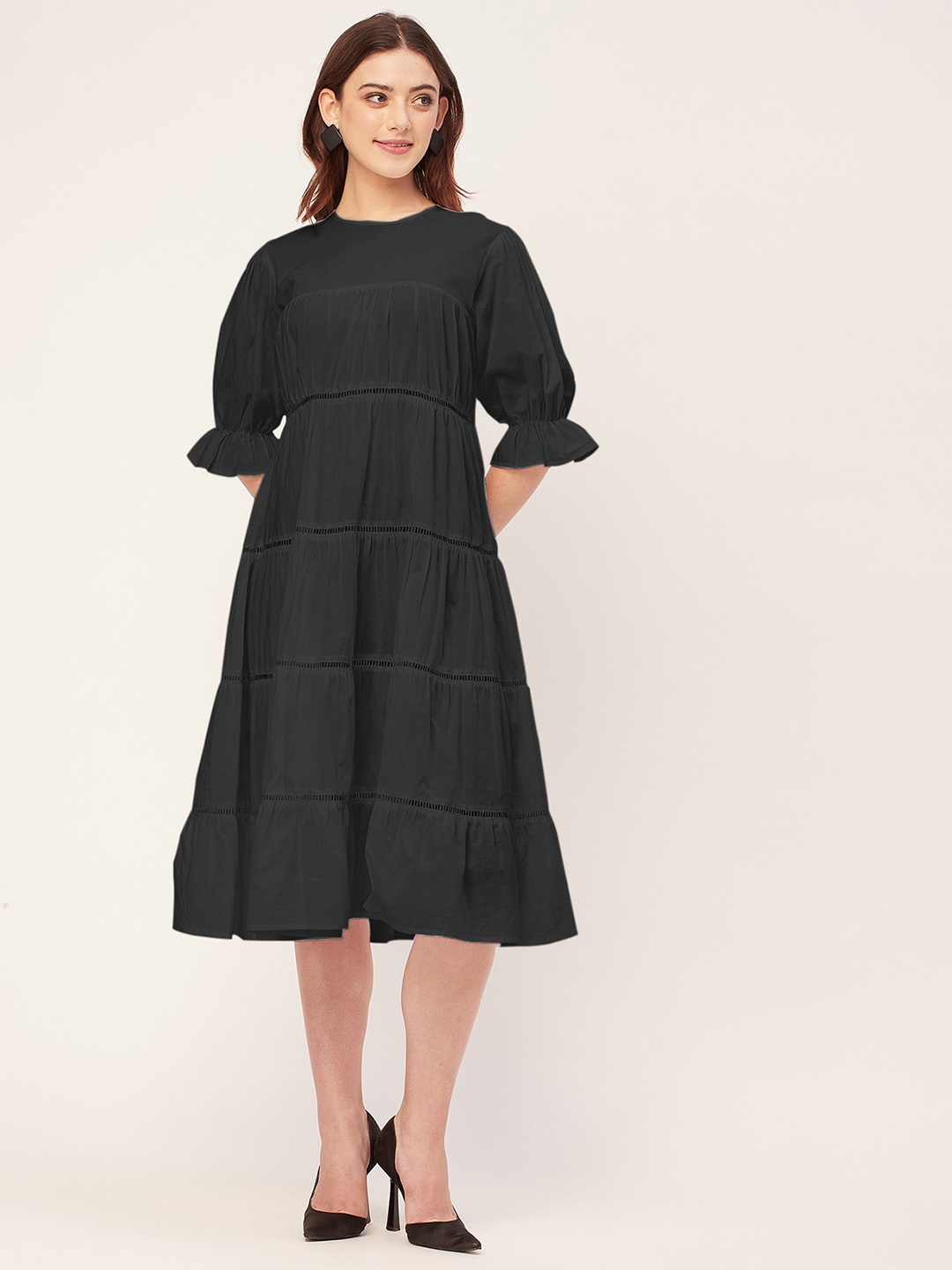 

Moomaya Round Neck Bell Sleeve Cotton A-Line Midi Dress, Black