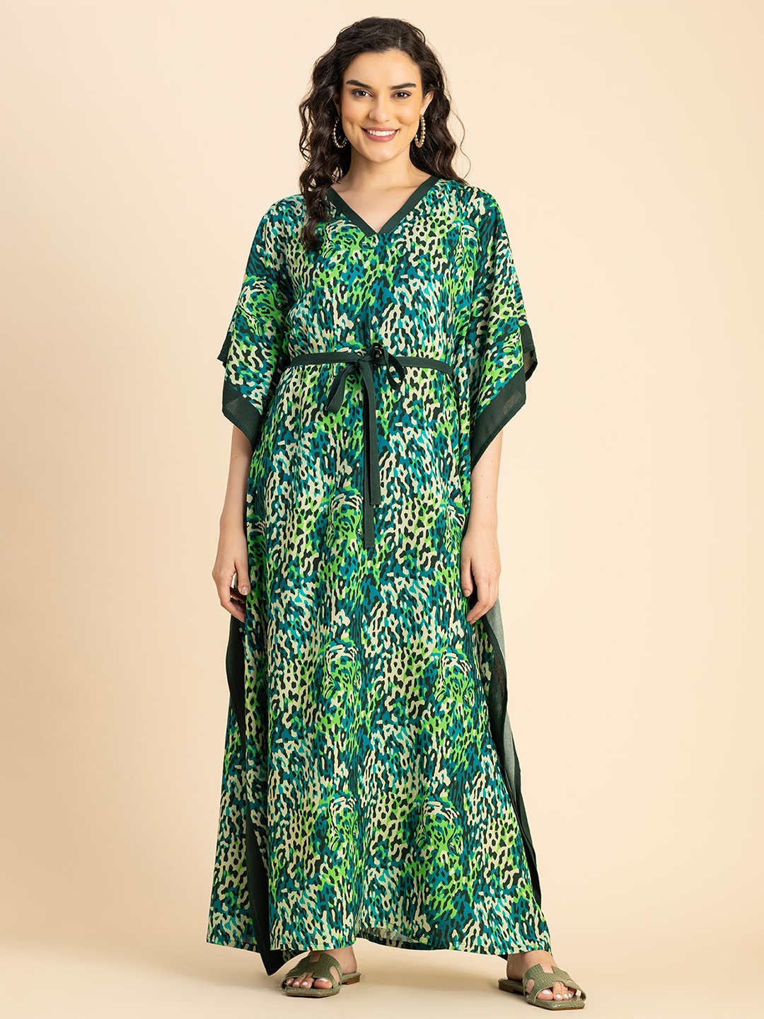 

Moomaya Floral Printed V-Neck Kimono Sleeves Kaftan Maxi Dress, Green