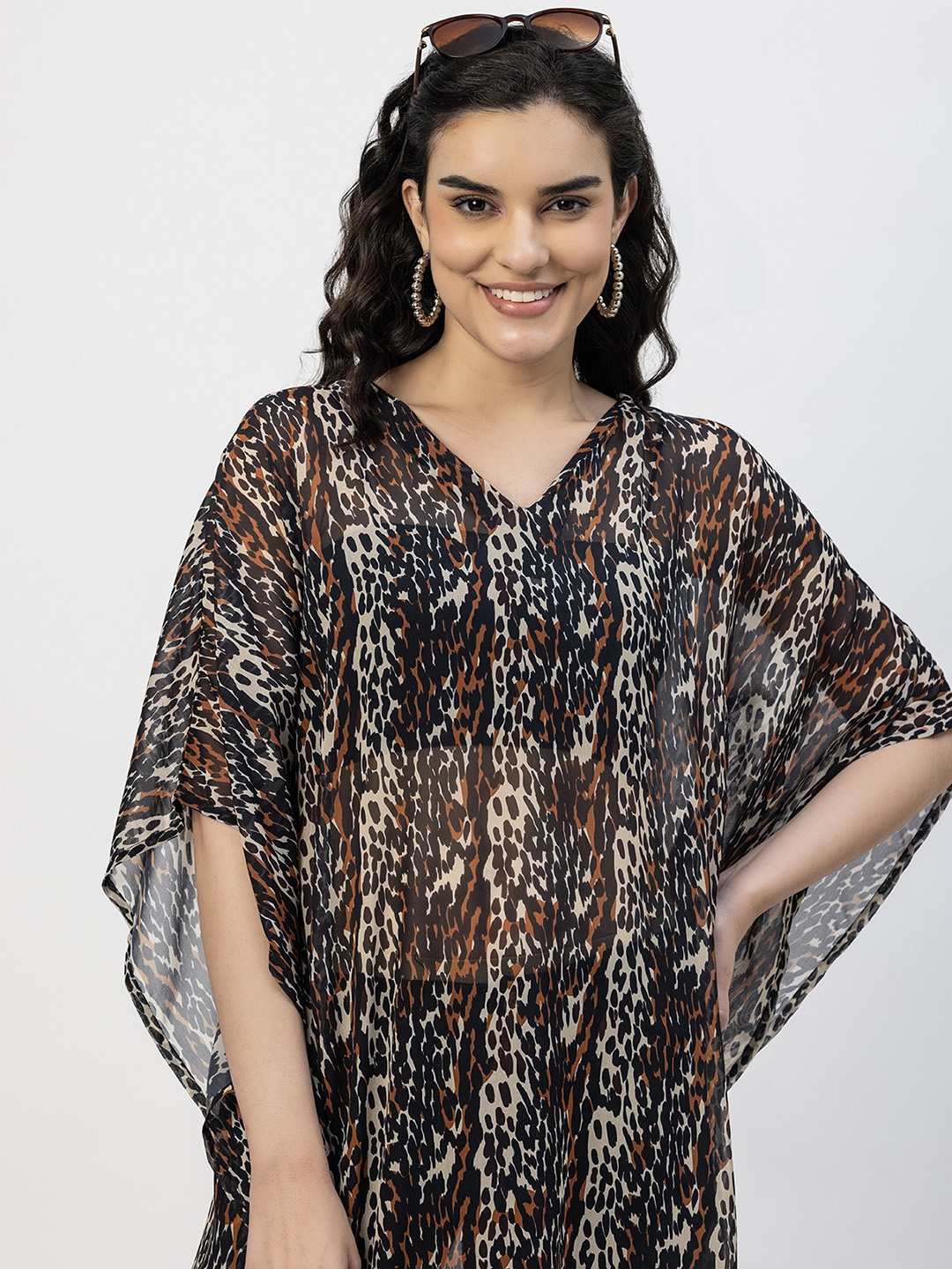 

Moomaya Animal Print V Neck Kimono Sleeve Georgette Kaftan Maxi Dress, Brown