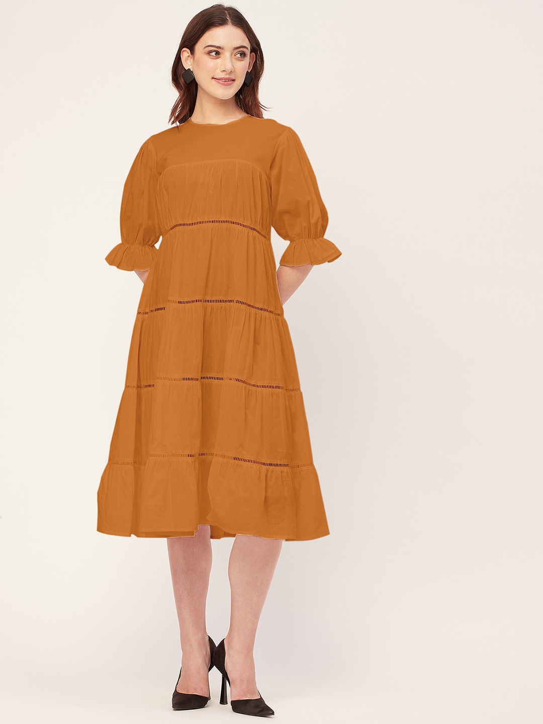 

Moomaya Round Neck Three-Quarter Bell Sleeves Tiered A-Line Dress, Orange