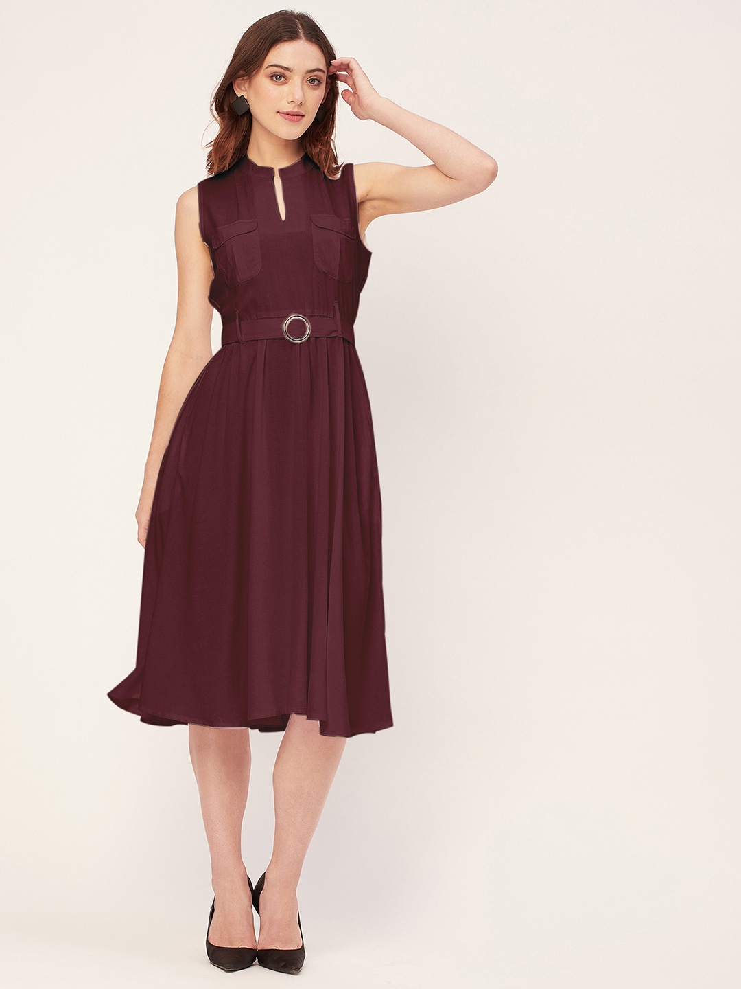 

Moomaya Sleeveless Band Collar Fit & Flare Midi Dress, Burgundy