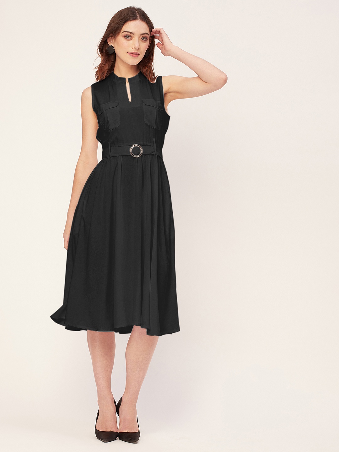 

Moomaya Keyhole Neck Sleeveless Fit & Flare Midi Dress, Black