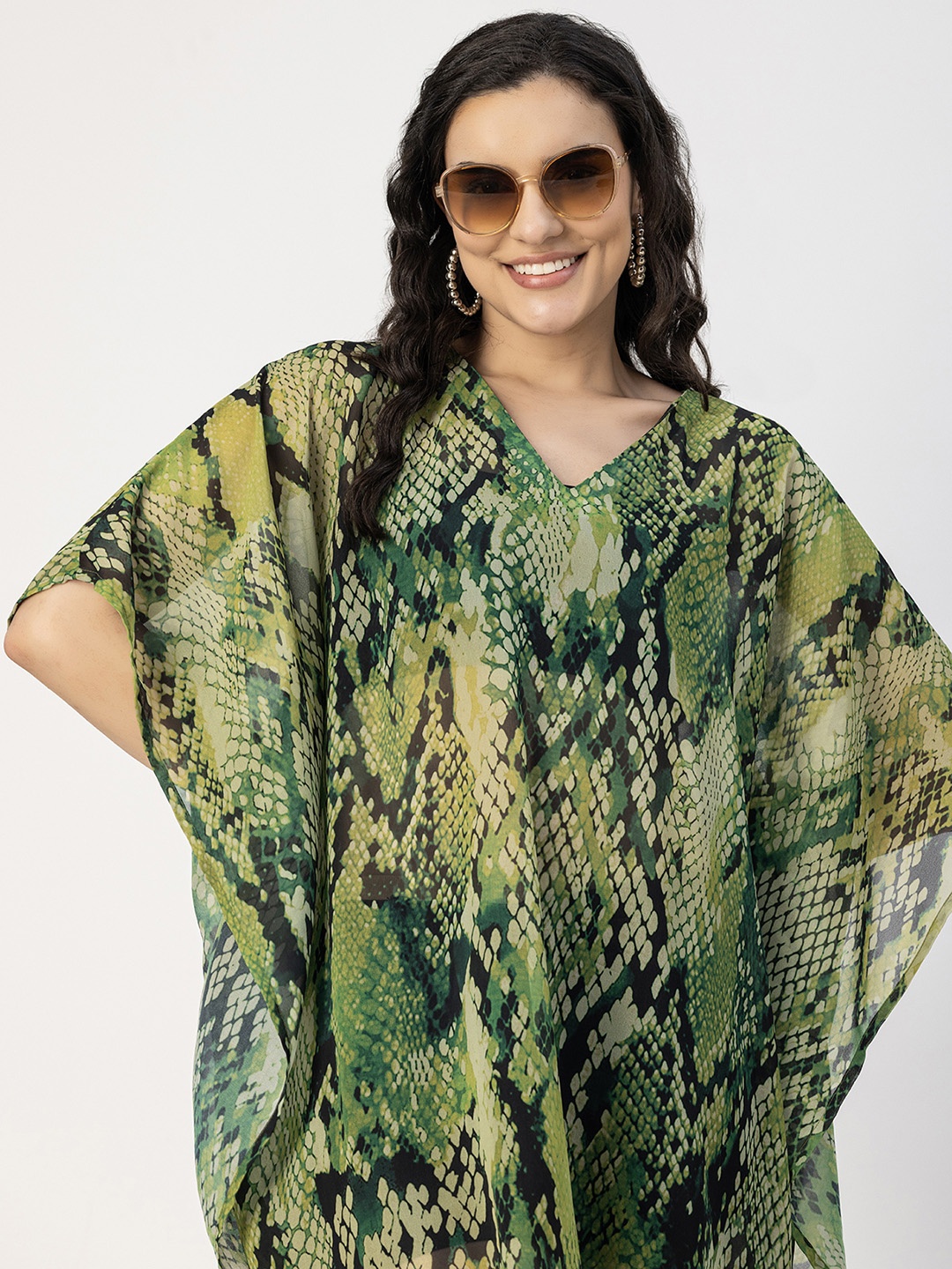 

Moomaya Animal Printed Kimono Sleeve Sheer Kaftan Maxi Dress, Green