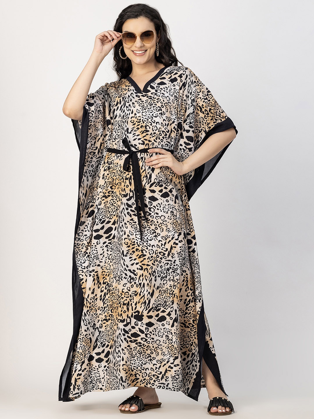 

Moomaya Animal Print Kimono Sleeve Kaftan Maxi Dress, Black