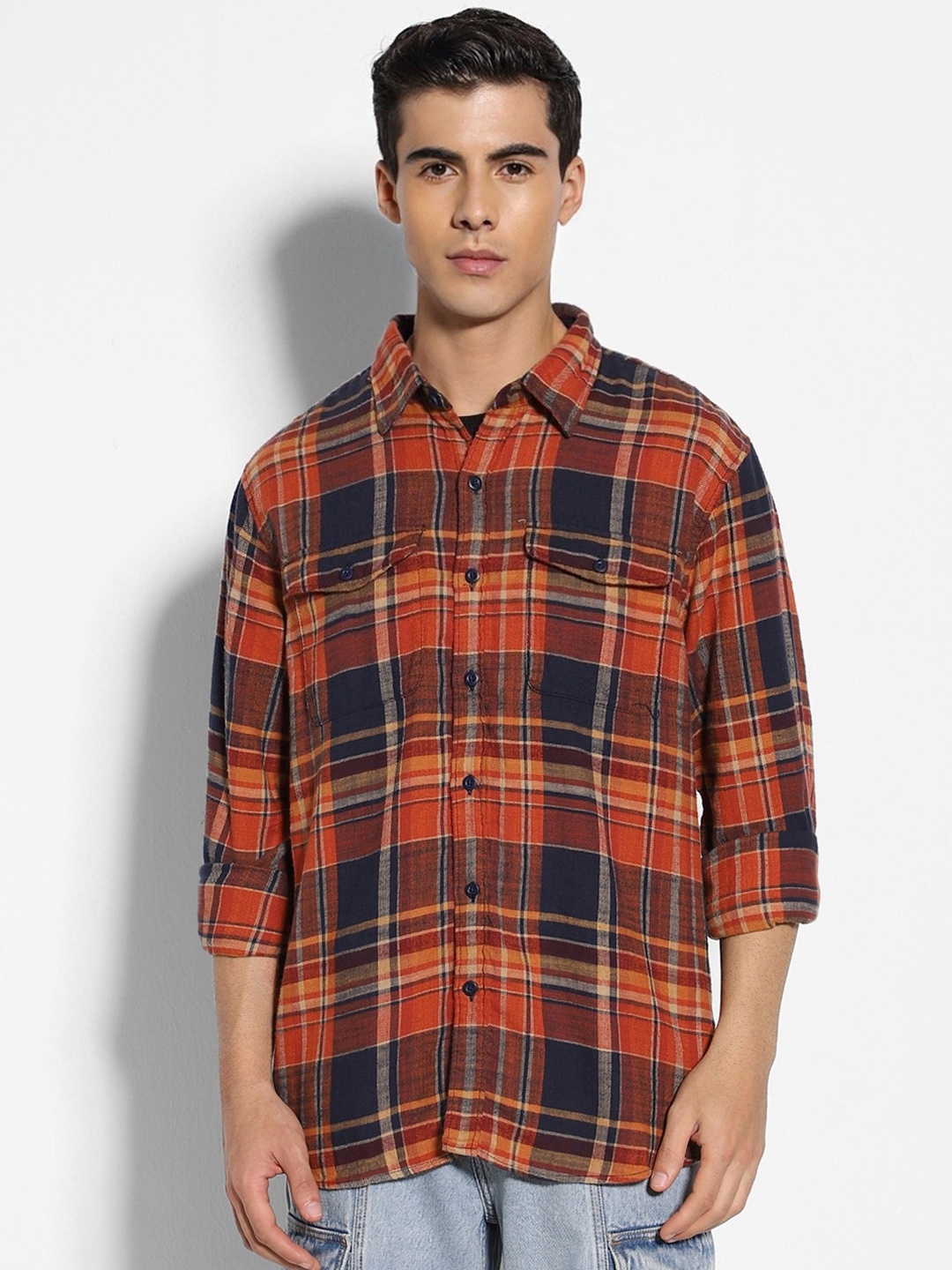 

AMERICAN EAGLE OUTFITTERS Tartan Checks Opaque Cotton Casual Shirt, Orange