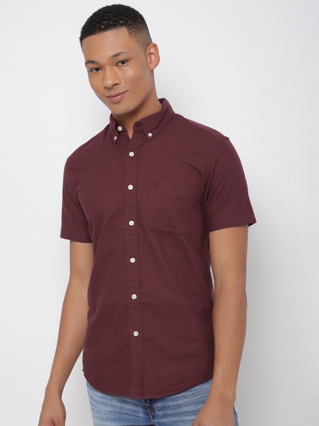 

AMERICAN EAGLE OUTFITTERS Cotton Button-Down Collar Opaque Casual Shirt, Burgundy