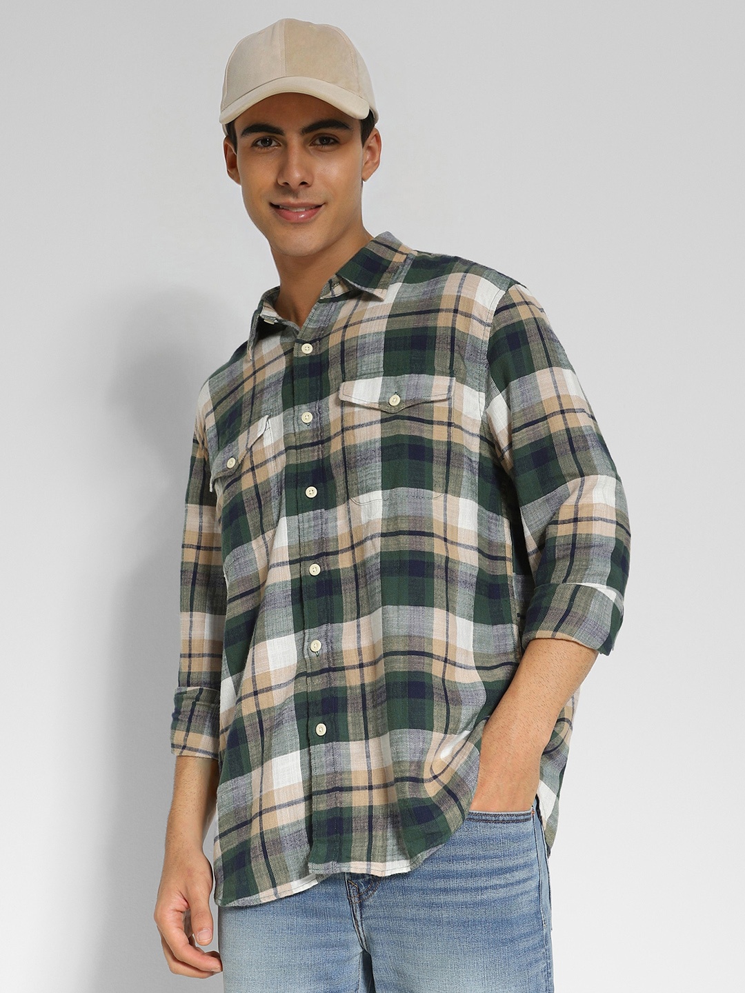 

AMERICAN EAGLE OUTFITTERS Tartan Checked Cotton Opaque Casual Shirt, Green