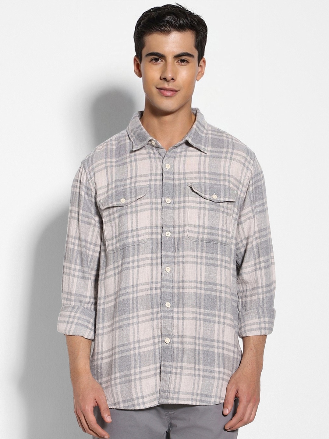 

AMERICAN EAGLE OUTFITTERS Tartan Checks Opaque Cotton Casual Shirt, Grey