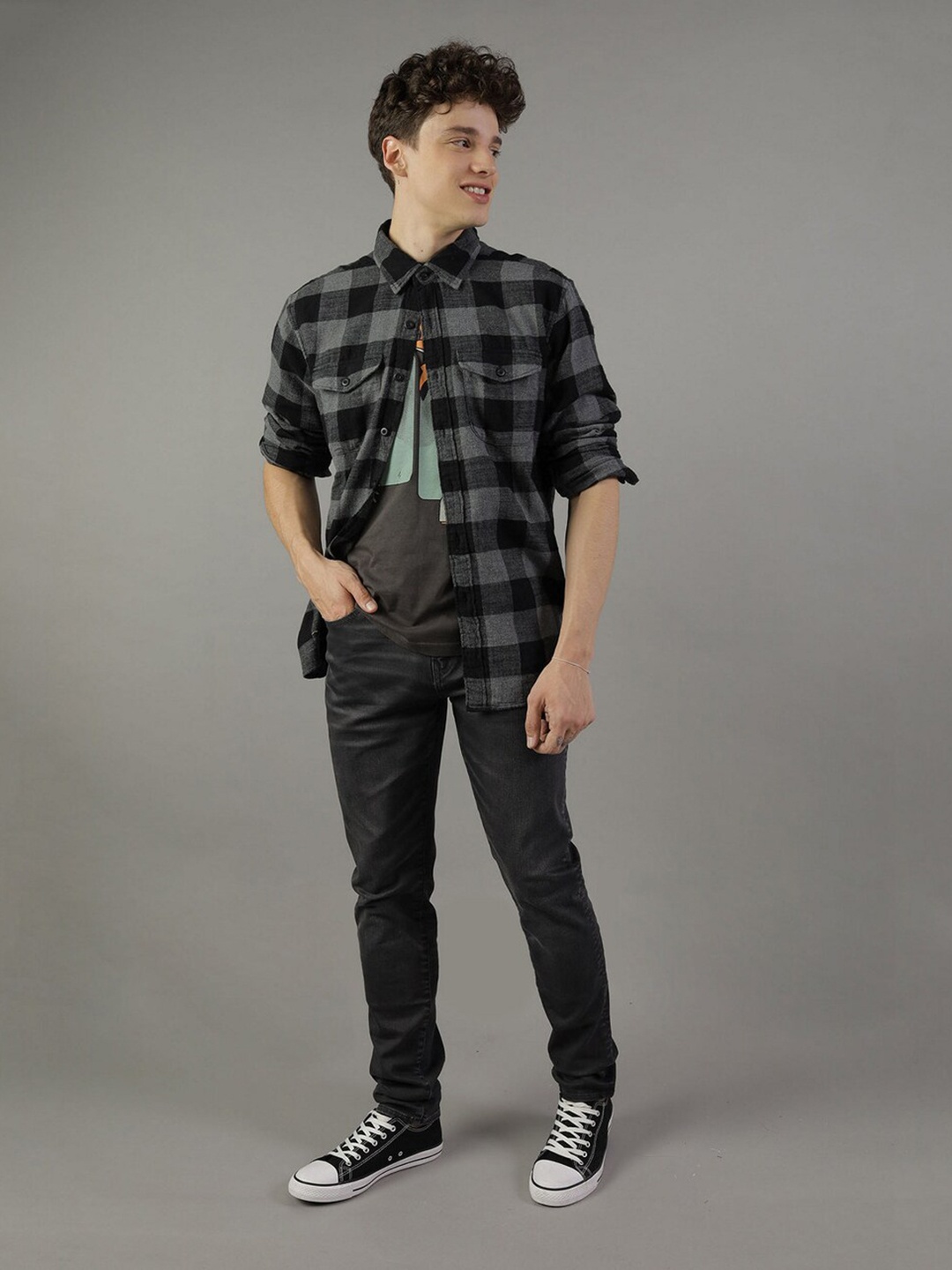 

AMERICAN EAGLE OUTFITTERS Tartan Checked Cotton Opaque Casual Shirt, Grey