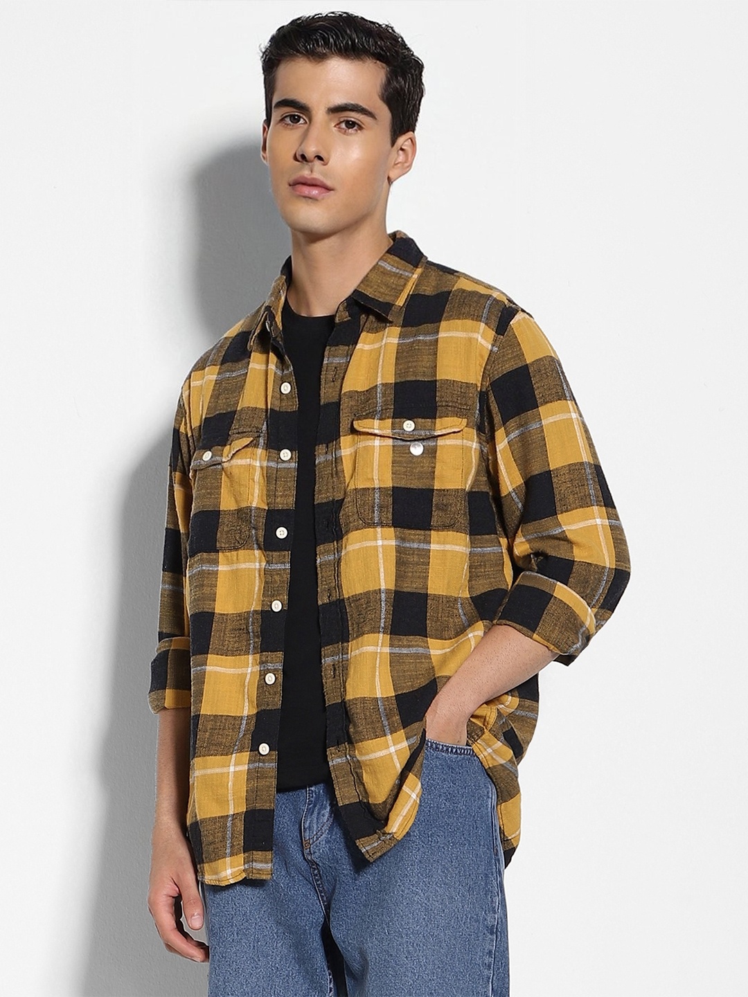 

AMERICAN EAGLE OUTFITTERS Buffalo Checked Cotton Opaque Shacket, Yellow