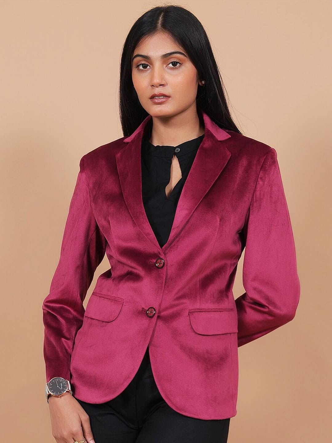 

Talethread Single Breasted Cotton & Velvet Formal Blazer, Red