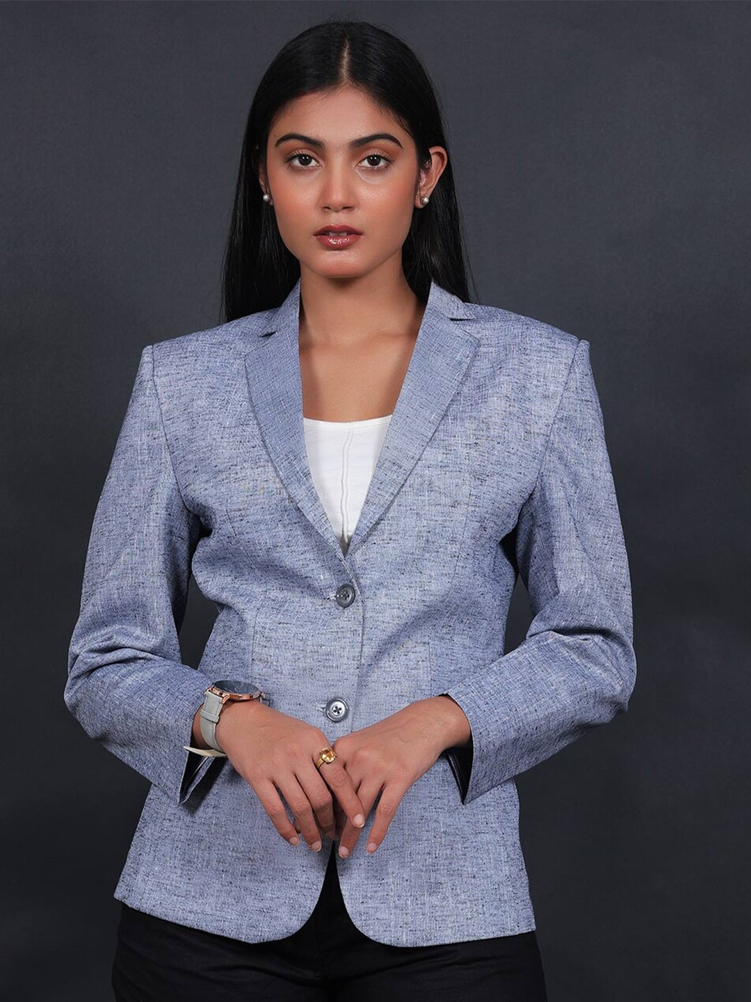 

Talethread Notched Lapel Collar Cotton Single Breasted Blazer, Grey