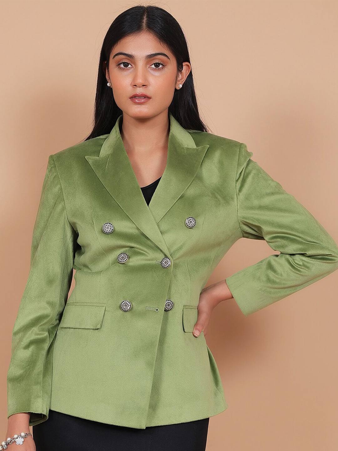 

Talethread Notched Lapel Collar Cotton Double-Breasted Blazer, Green
