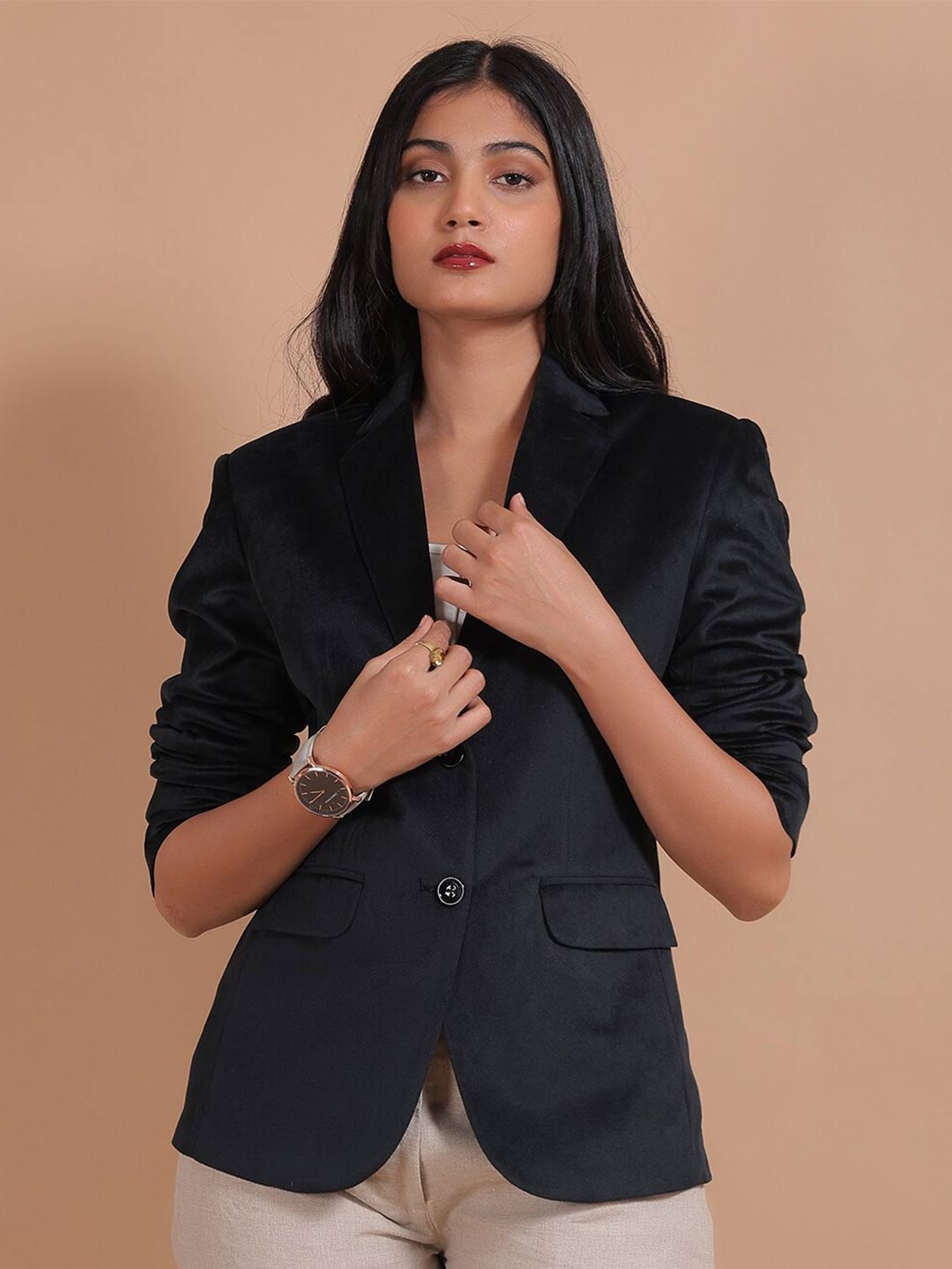 

Talethread Single Breasted Cotton & Velvet Formal Blazer, Black
