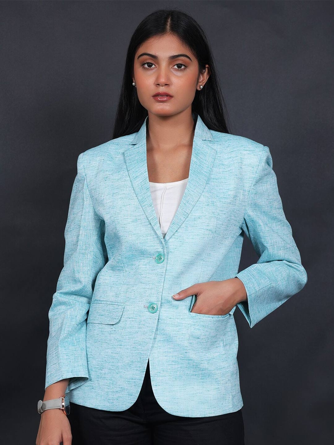

Talethread Notched Lapel Collar Cotton Single-Breasted Blazers, Blue