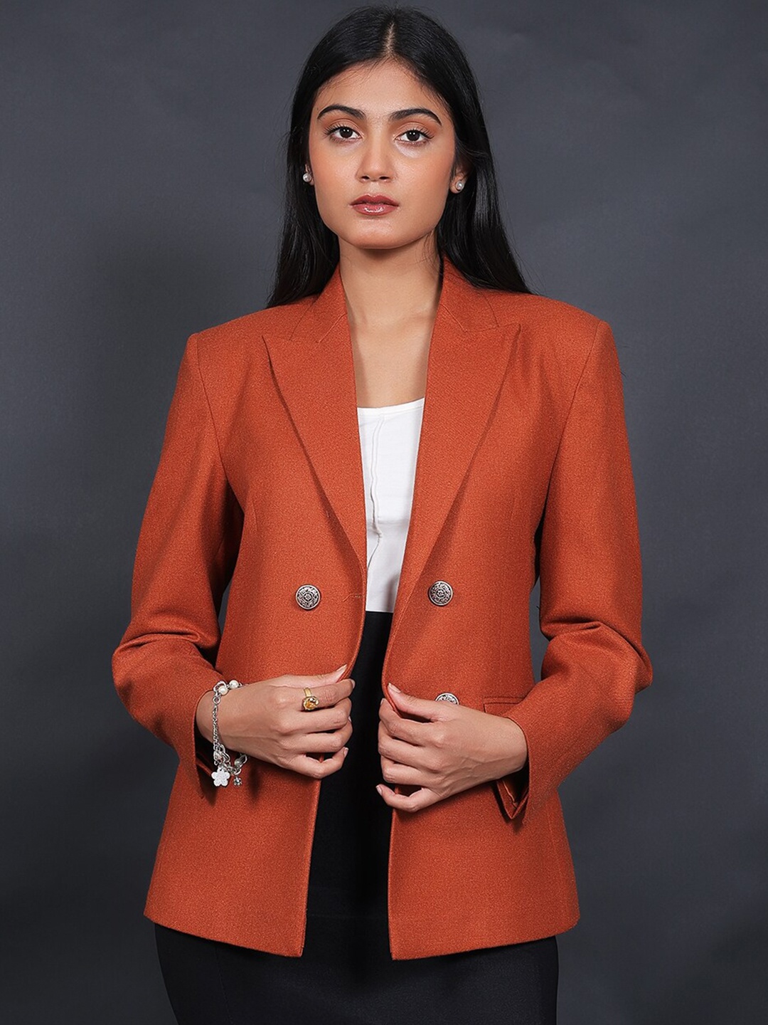 

Talethread Peaked Lapel Collar Double-Breasted Tweed Wool Casual Blazer, Orange