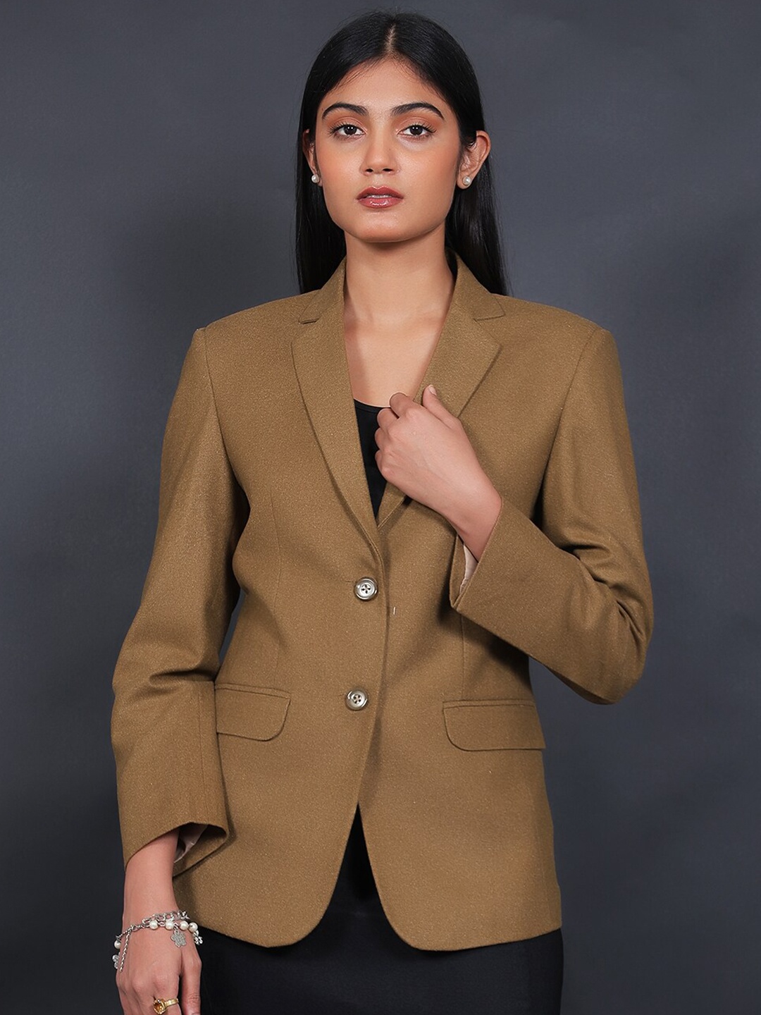 

Talethread Notched Lapel Collar Single-Breasted Blazer, Brown