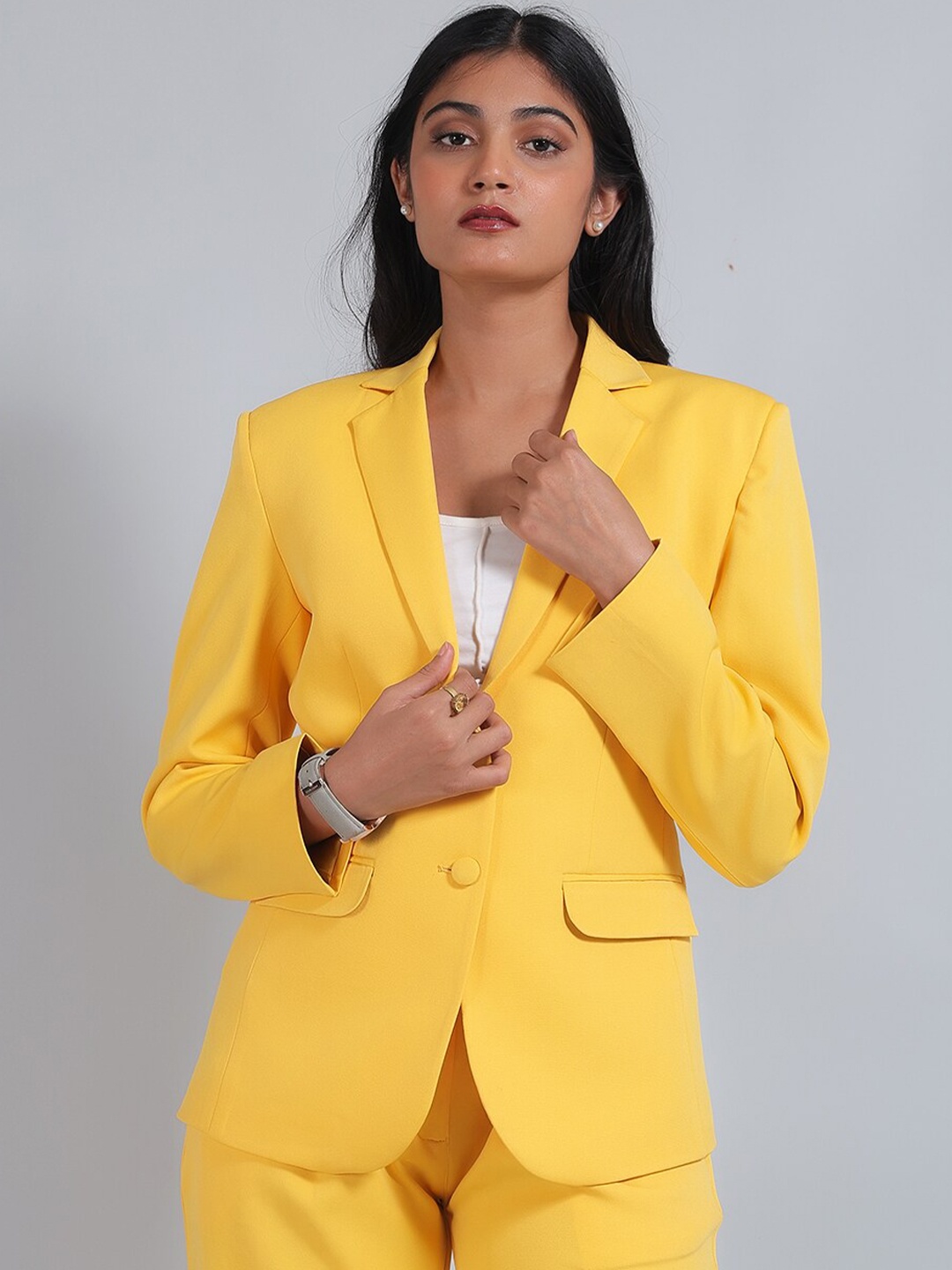 

Talethread Notched Lapel Collar Cotton Single Breasted Blazer, Yellow