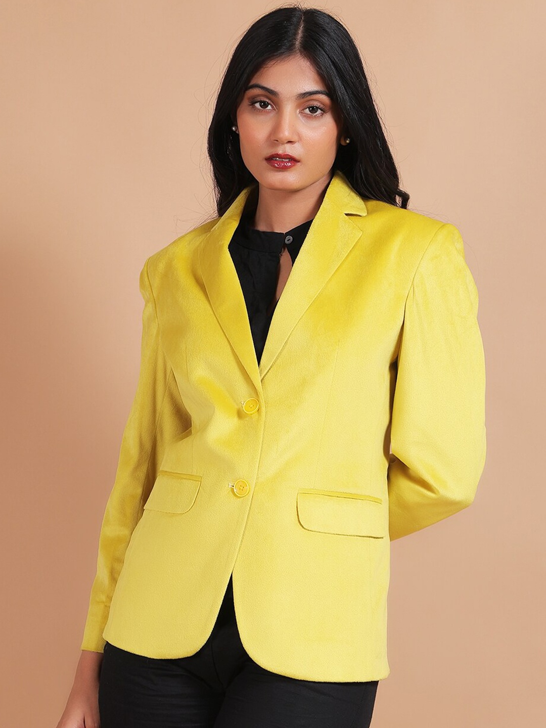 

Talethread Notched Lapel Collar Cotton Single Breasted Blazer, Yellow