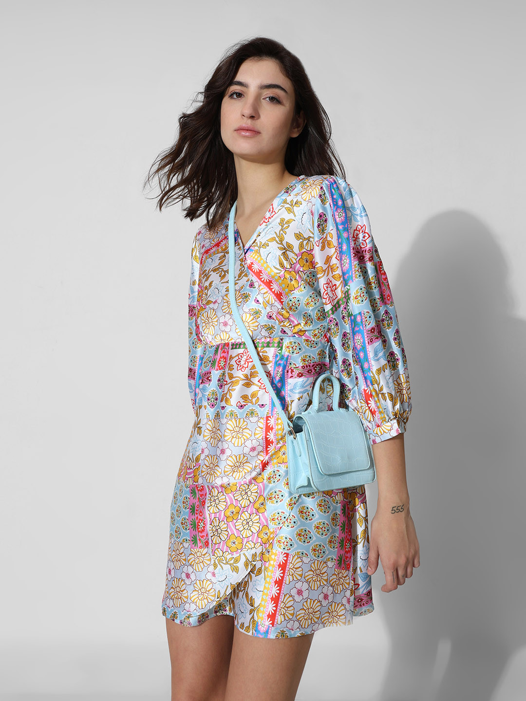 

ONLY Floral Printed Satin Mini Wrap Dress, Blue