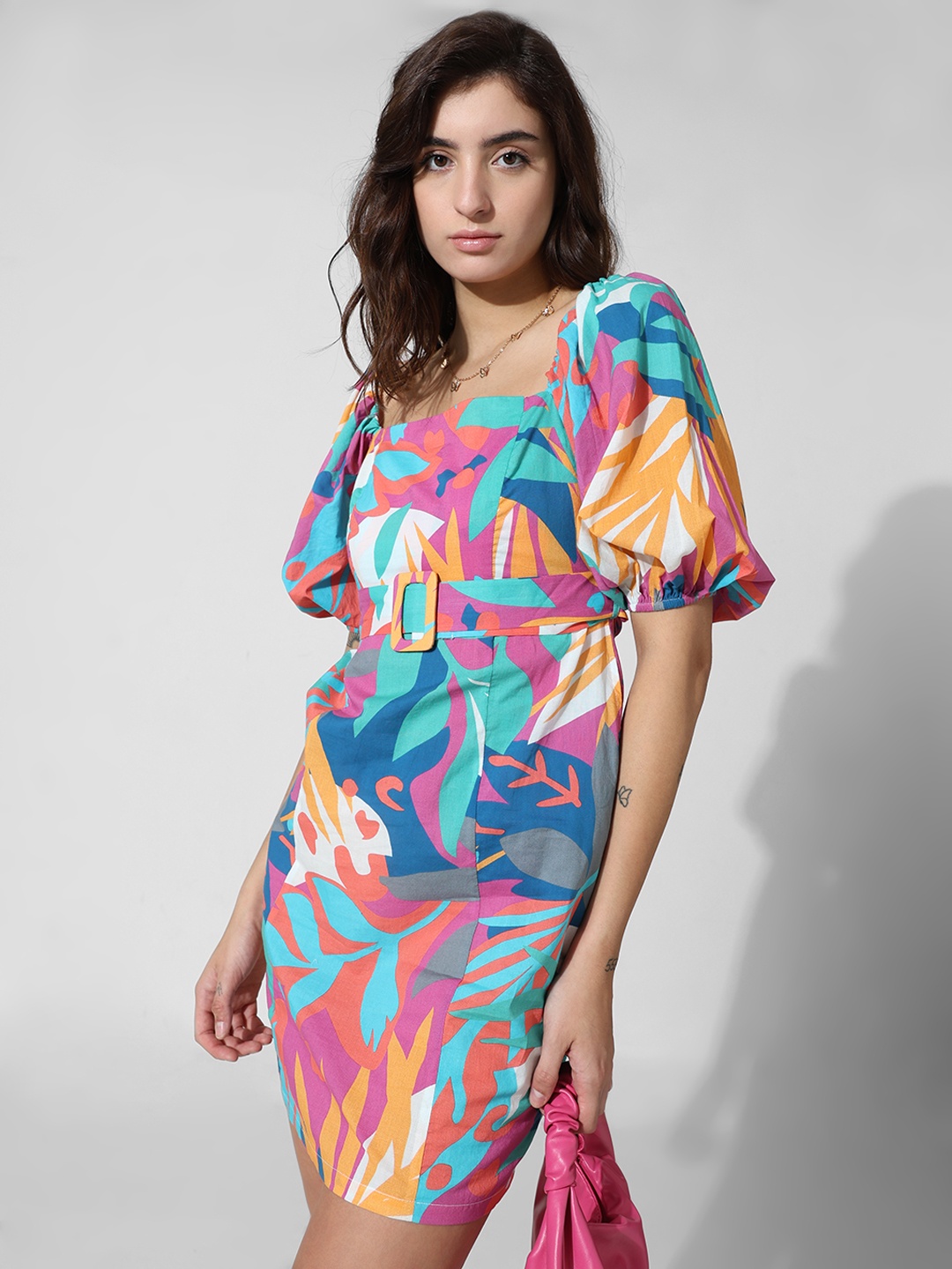 

ONLY Tropical Printed Square Neck Puff Sleeves Belted Sheath Midi Dress, Blue