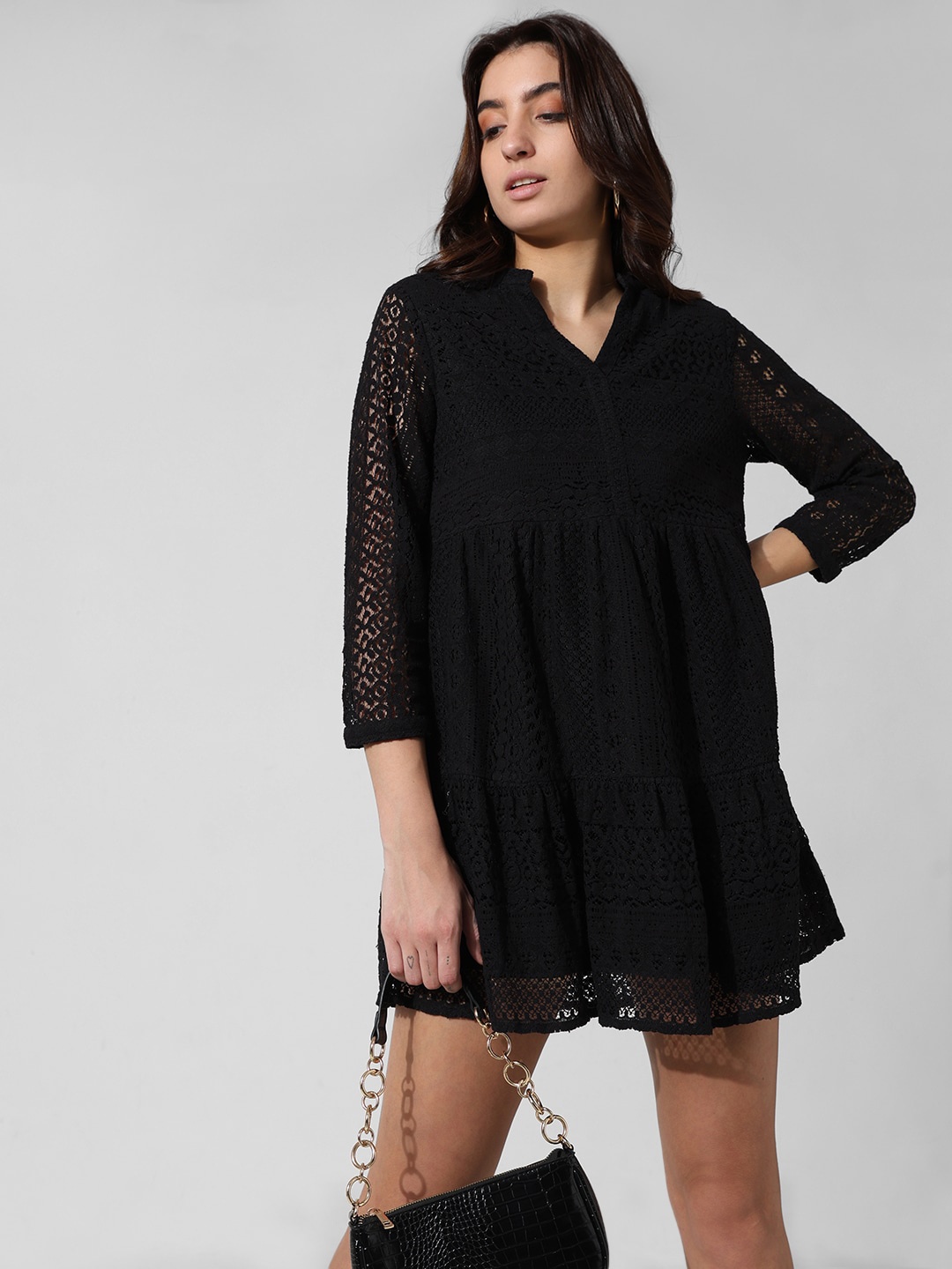 

ONLY Mandarin collar Three-quarter Lace A-Line Dress, Black