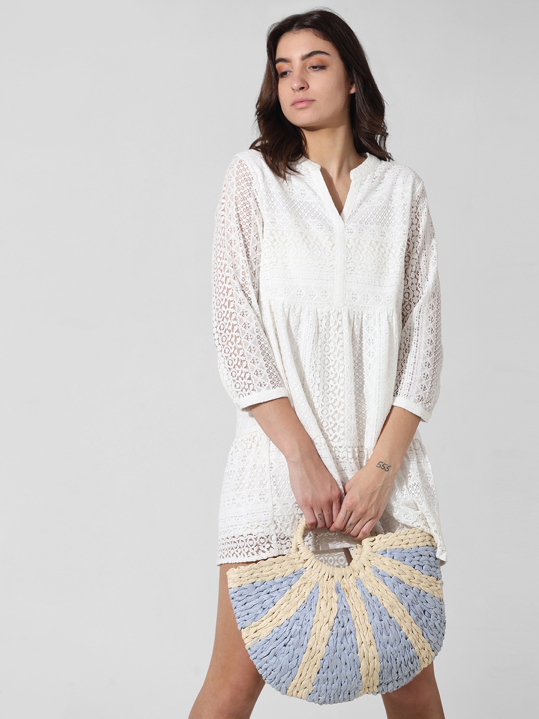

ONLY Self Design Mandarin Collar Lace A-Line Dress, White