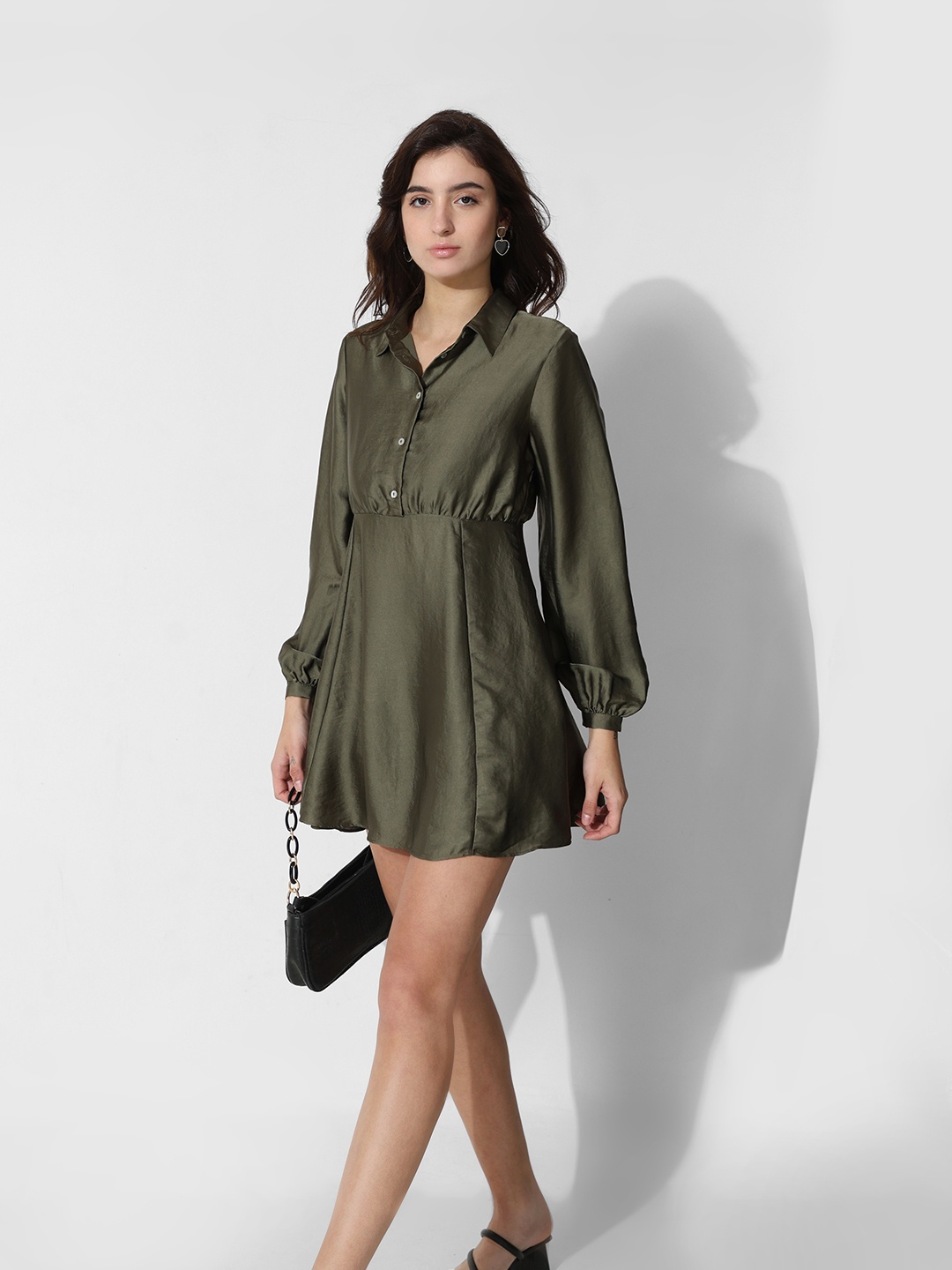 

ONLY Cuffed Sleeves Satin Shirt Dress, Olive