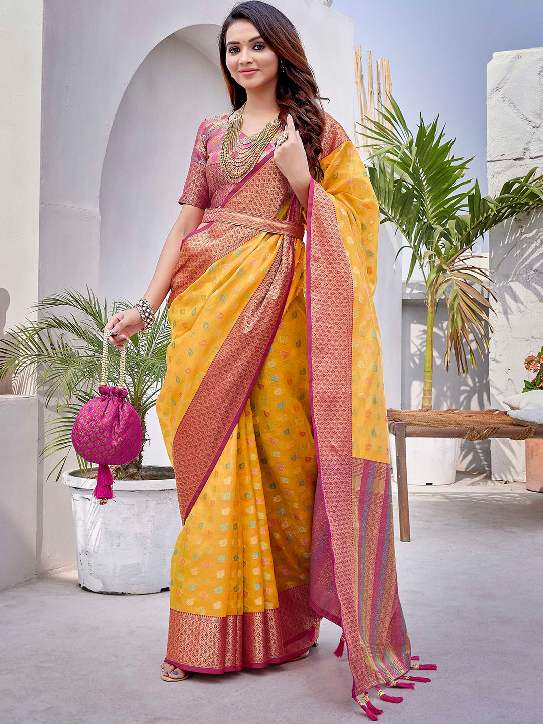 

Mitera Floral Woven Design Zari Silk Banarasi Saree, Yellow
