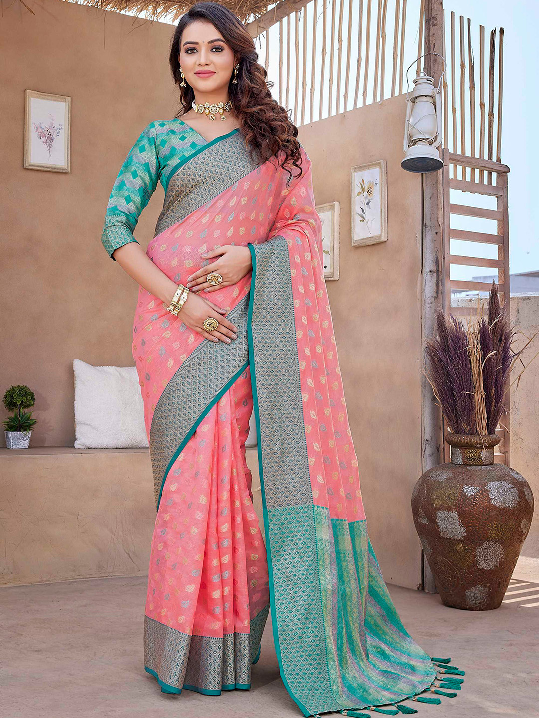 

Mitera Pink & Green Woven Design Zari Banarasi Saree