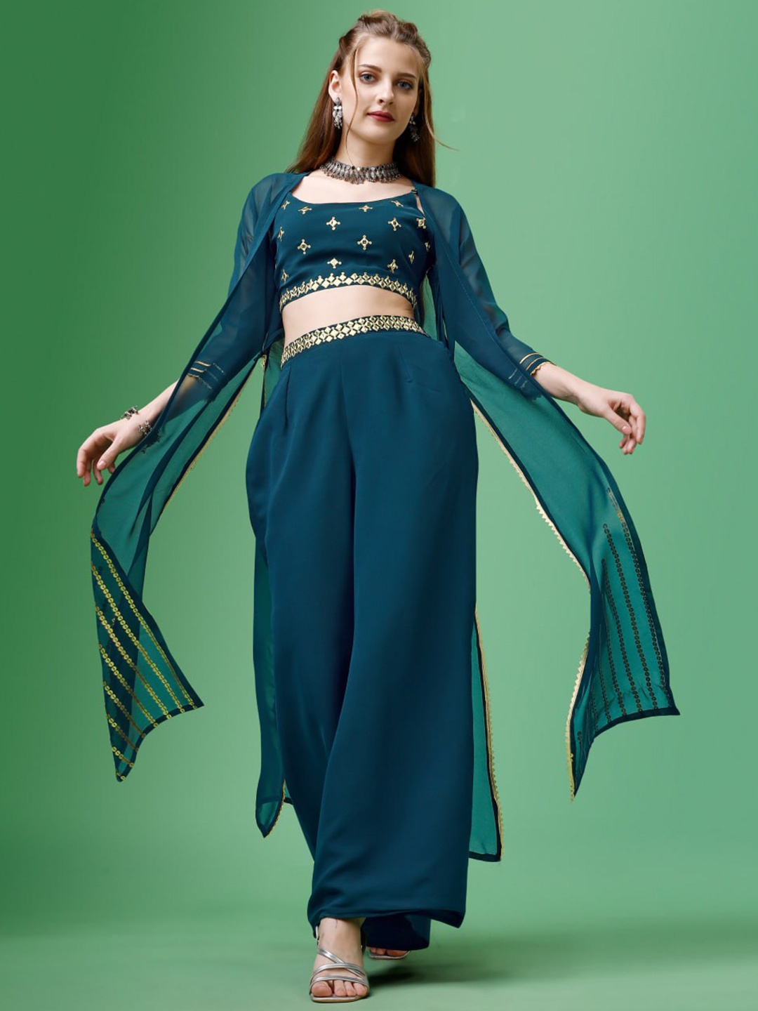 

Ashiya Fab Embellished Ethnic Top & Palazzo With Shrug, Turquoise blue