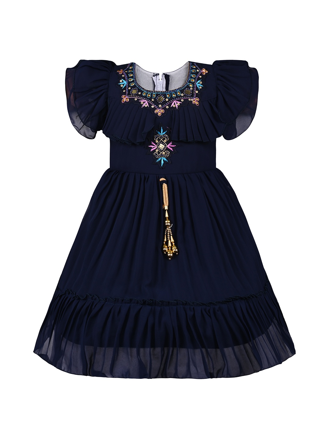 

Wish Karo Girls Floral Embroidered Georgette Fit and Flare Dress, Navy blue