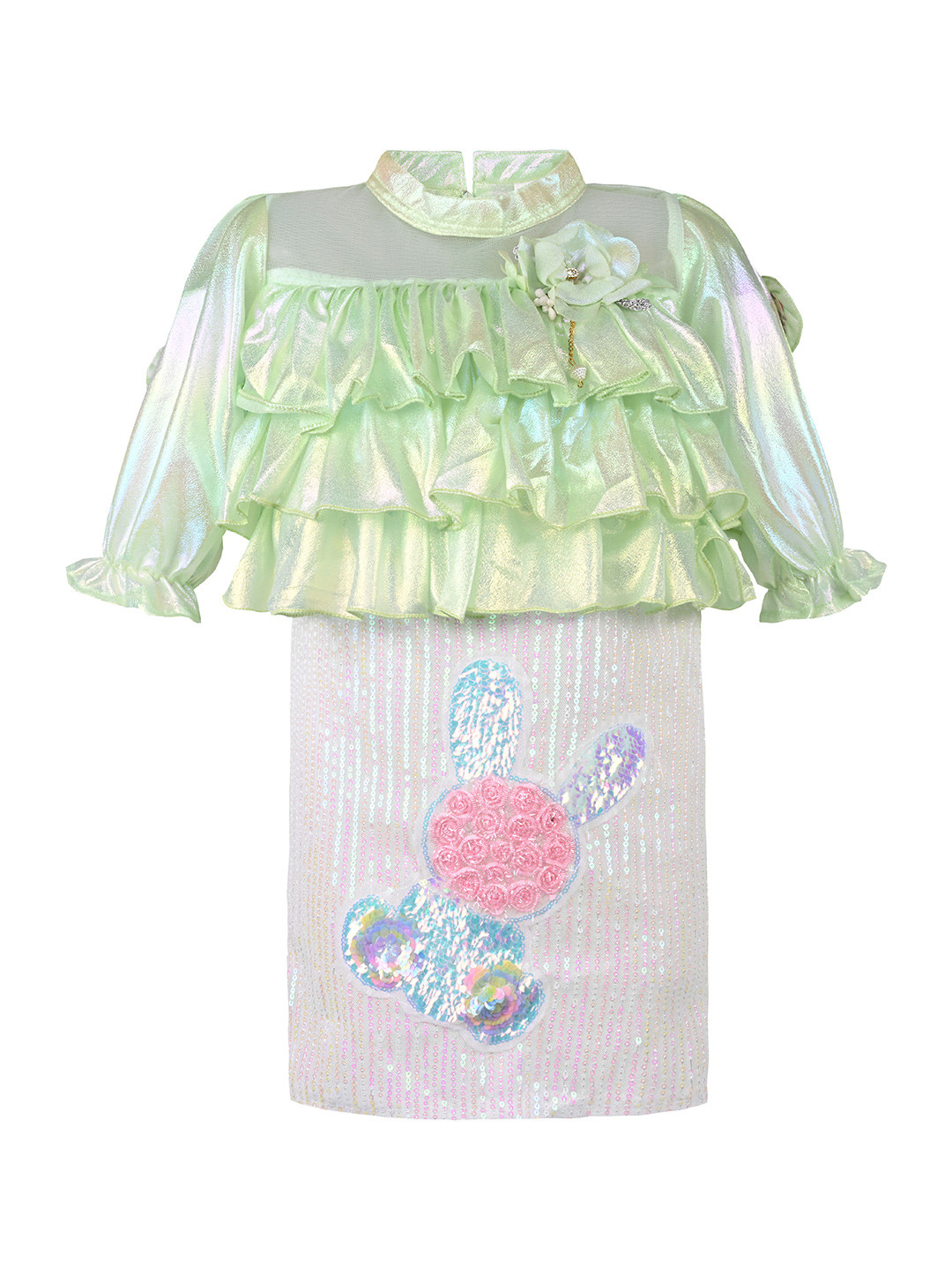 

Wish Karo Girls Self Design Puffed Sleeves High Neck Sequined Satin A-Line Dress, Green