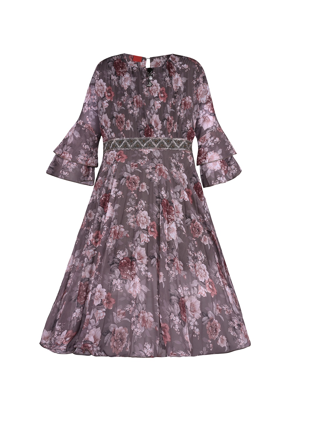 

Wish Karo Girls Grey Floral Printed Georgette A-Line Maxi Dress