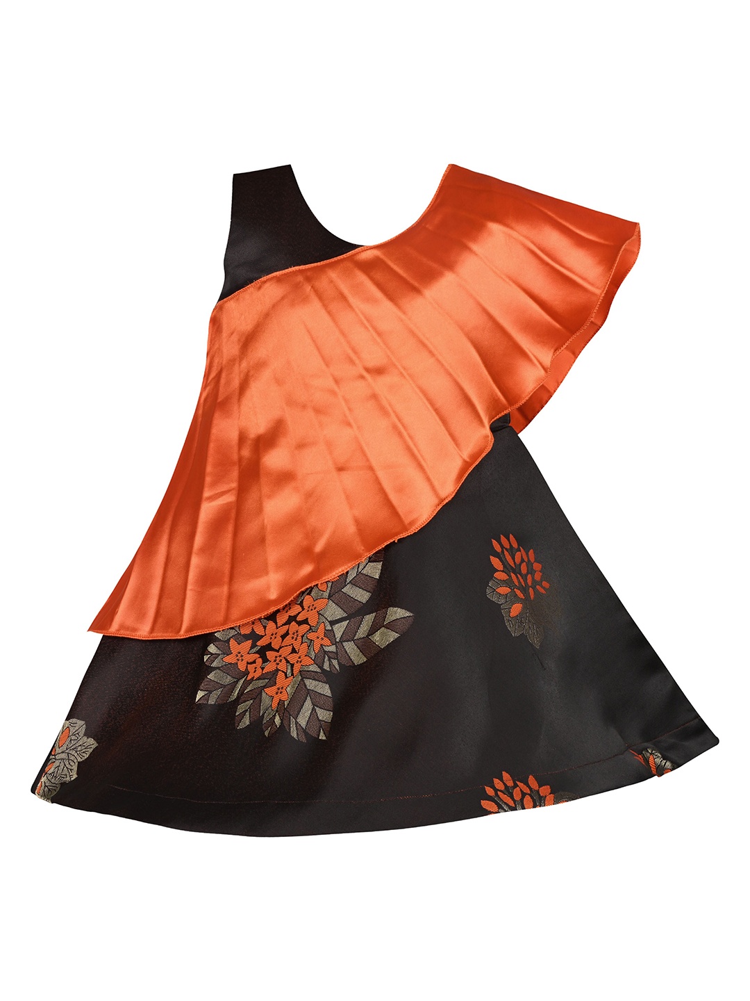 

Wish Karo Floral Printed Round Neck Knee Length Satin A Line Dress, Orange