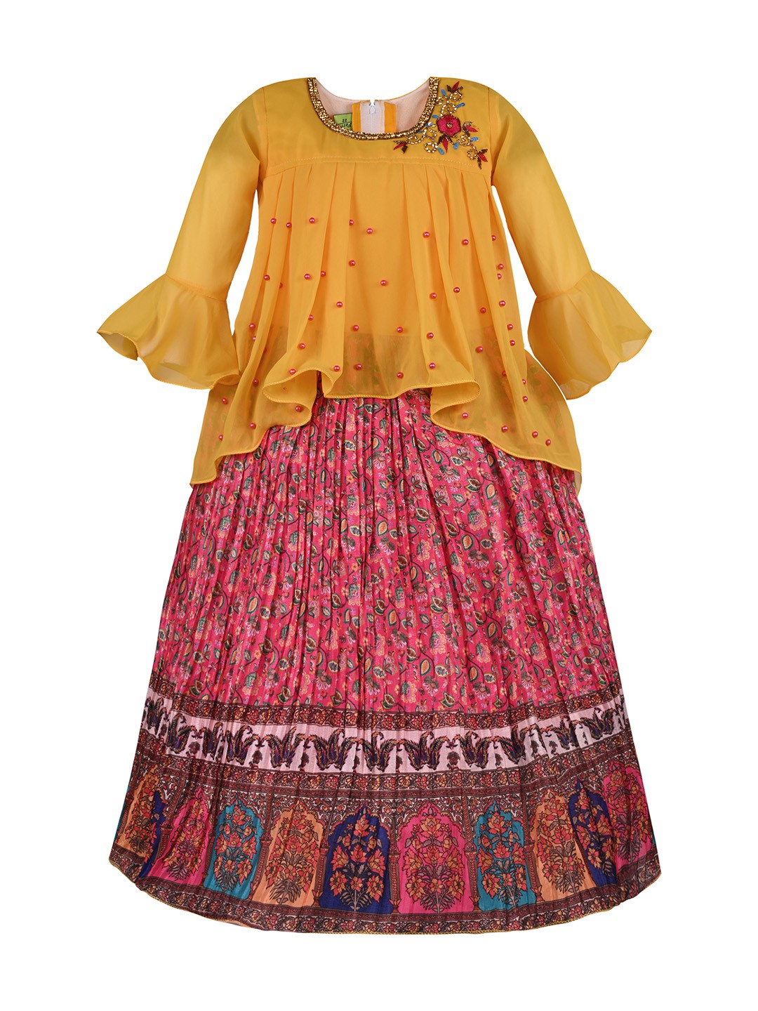 

Wish Karo Girls Floral Print Bell Sleeve Georgette Maxi Dress, Pink