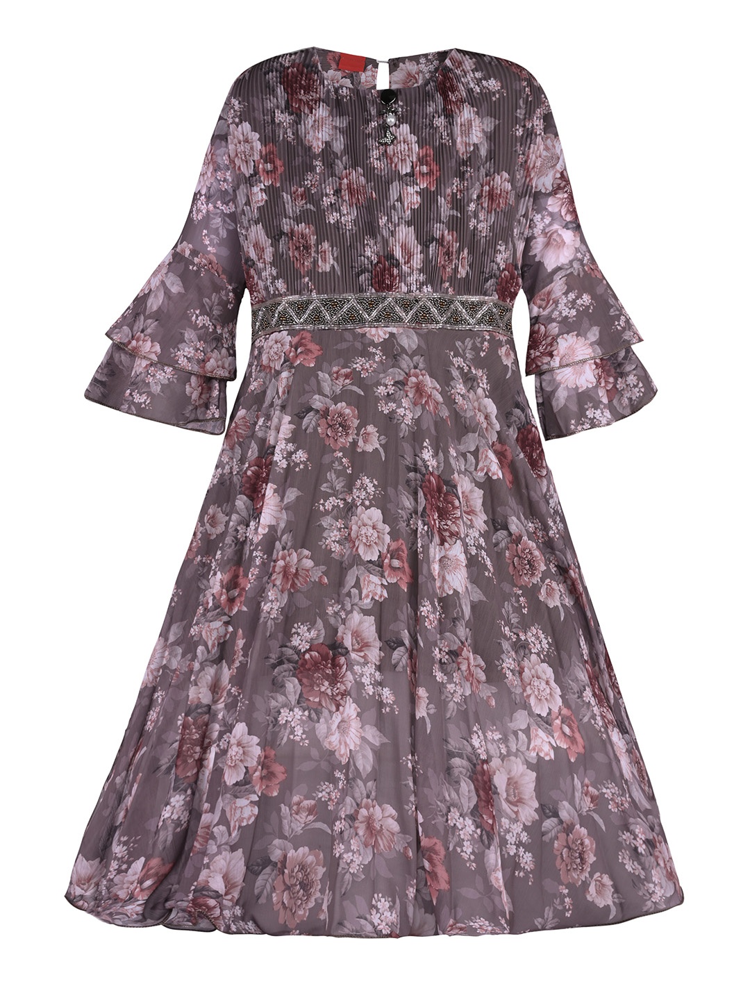 

Wish Karo Girls Floral Printed Bell Sleeve Georgette Maxi Dress, Grey