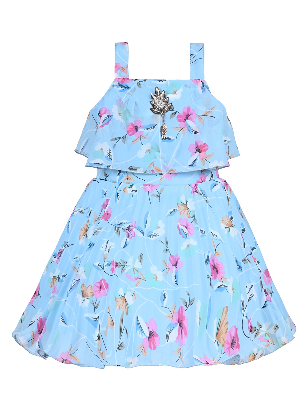 Wish Karo Baby Girls Floral Printed Shoulder Straps Georgette Fit & Flare Maxi Dress, Blue