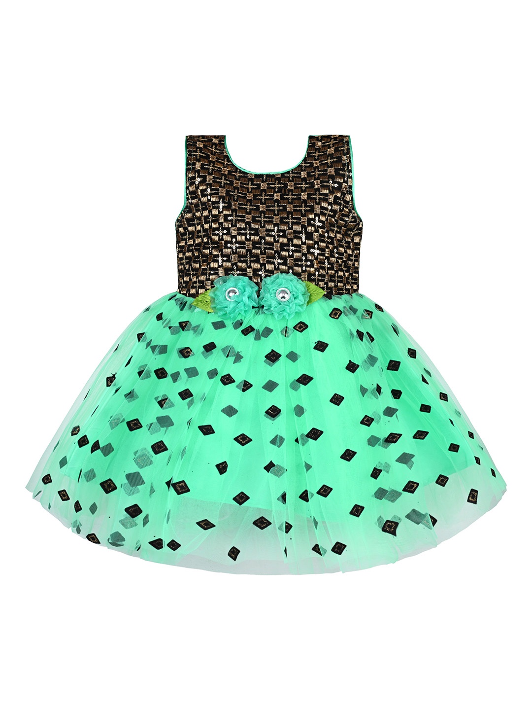 

Wish Karo Girls Geometric Printed Net Fit & Flare Dress, Green